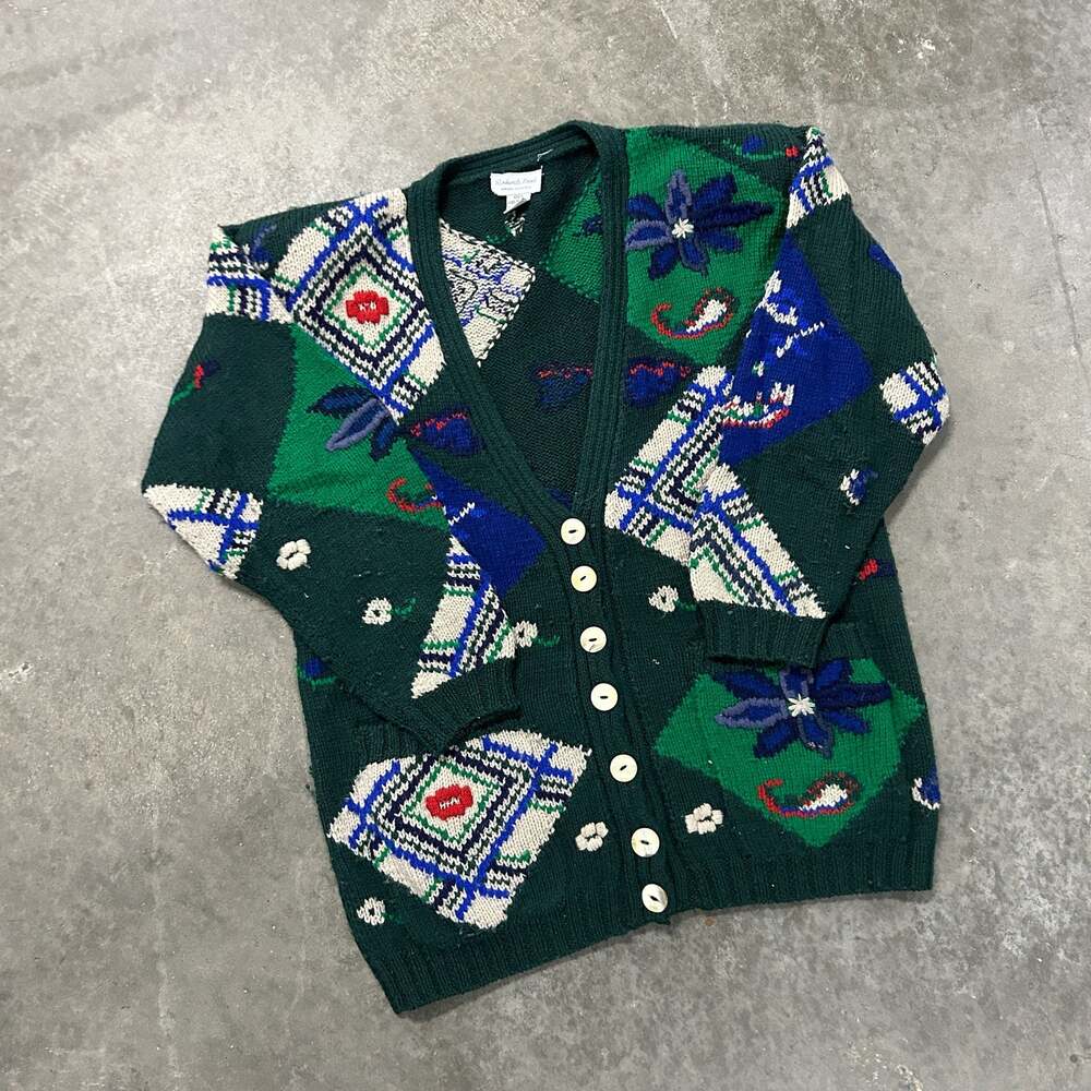 Vintage Roberta Frost Hand Knitted 100% Virgin Wool Abstract Pattern Cardigan